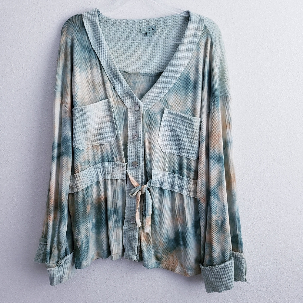 POL Tie-Dye Long Sleeve V-Neck Cardigan in Teal, Cream, Brown